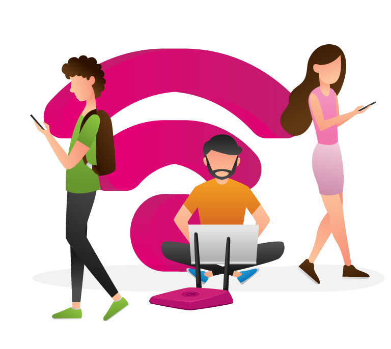 Best Aussie NBN Network Plans at Prices You'll Love - Illustration of a person sitting in front of a large pink-themed signal using a laptop, with a girl on one side and a boy on the other, both using phones and connected to the internet